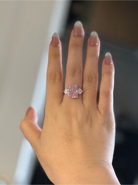 Pink Cushion-Cut Halo Ring with Side Stones - Women Jewelry